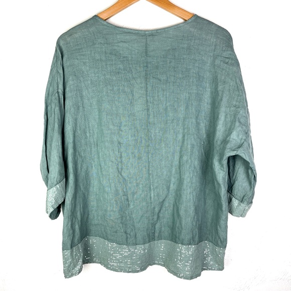 New Bellambra Sequin Trim Light Teal Linen Dolman Sleeve Top size large - Picture 4 of 7